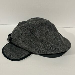 Wool Blend Black/Gray Herringbone Mens Newsboy Snap Top Hat W/ Ear Flaps!